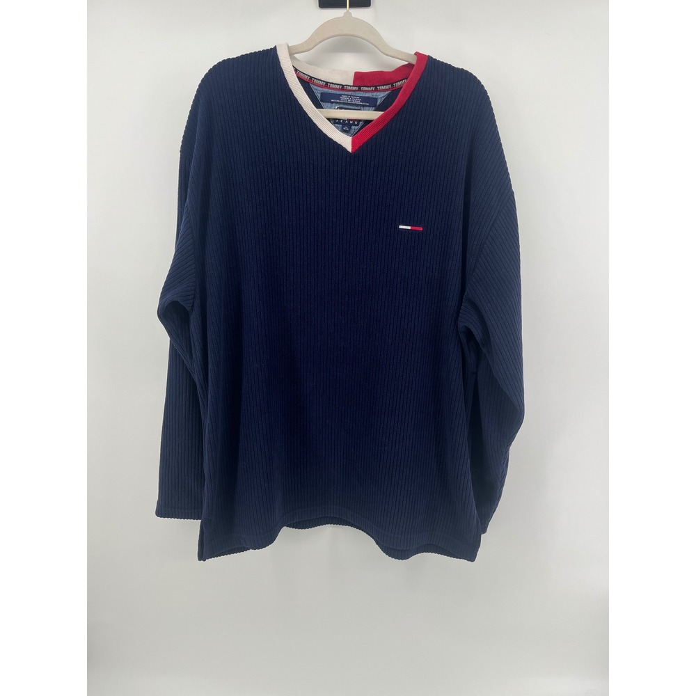 Vintage Tommy‎ Jeans Ribbed V-Neck Sweater Navy Blue Red White Mens XL